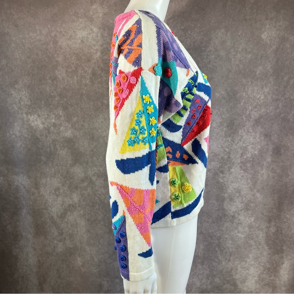 Design Options Cardigan Button Up Sweater Size Medium Fun Pattern 80s with Beads - Picture 4 of 9